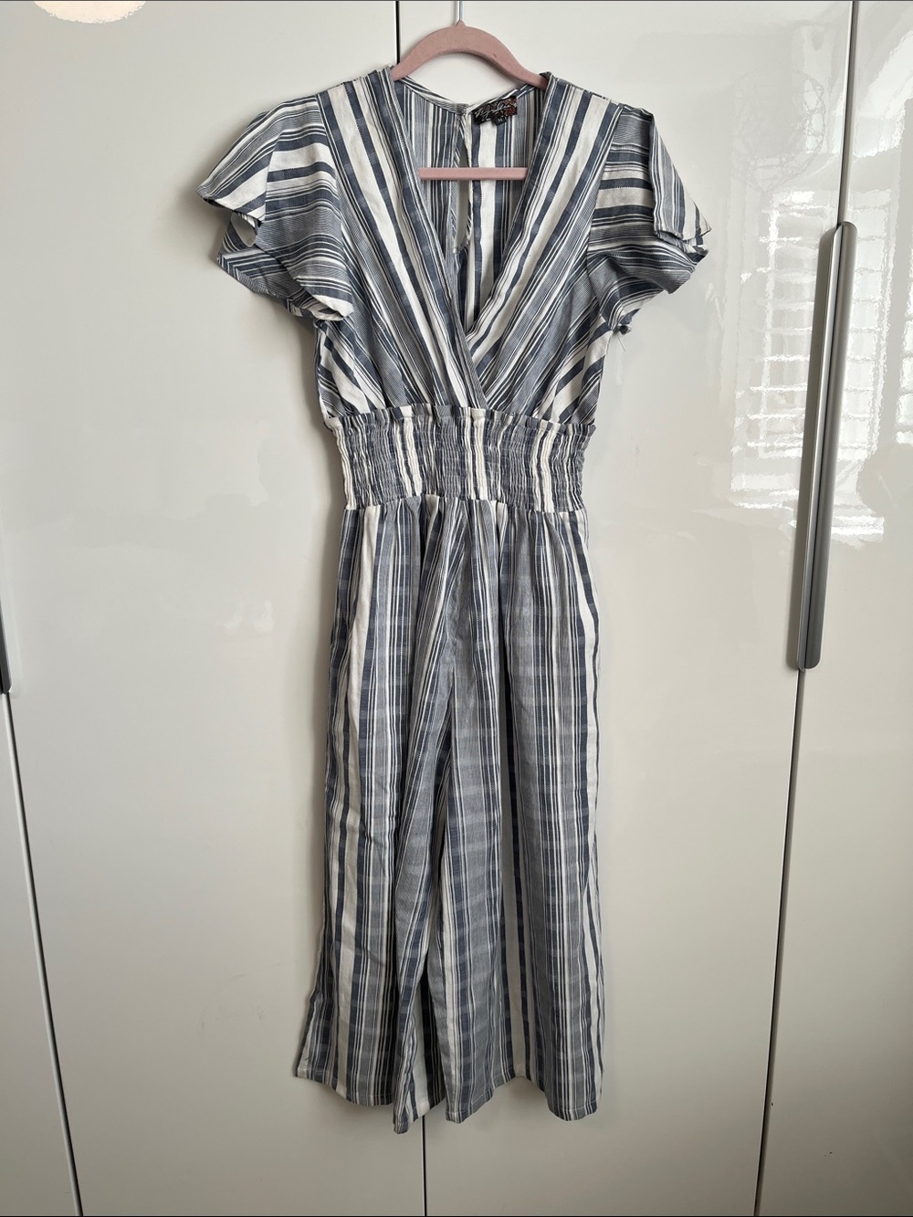 Striped Blue & White V-Neck Cotton Jumpsuit with Smocked Waist, Size M